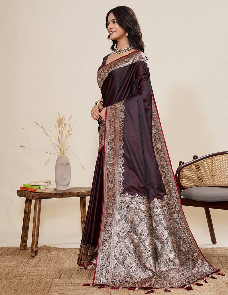 maroon satin art silk designer gala border saree with rich minakari & jari weaving + blouse piece