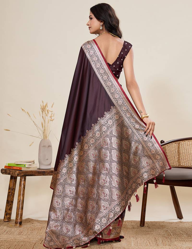 maroon satin art silk designer gala border saree with rich minakari & jari weaving + blouse piece