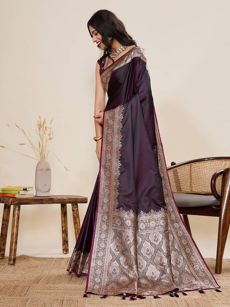 wine satin art silk designer gala border saree with rich minakari & jari weaving + blouse piece
