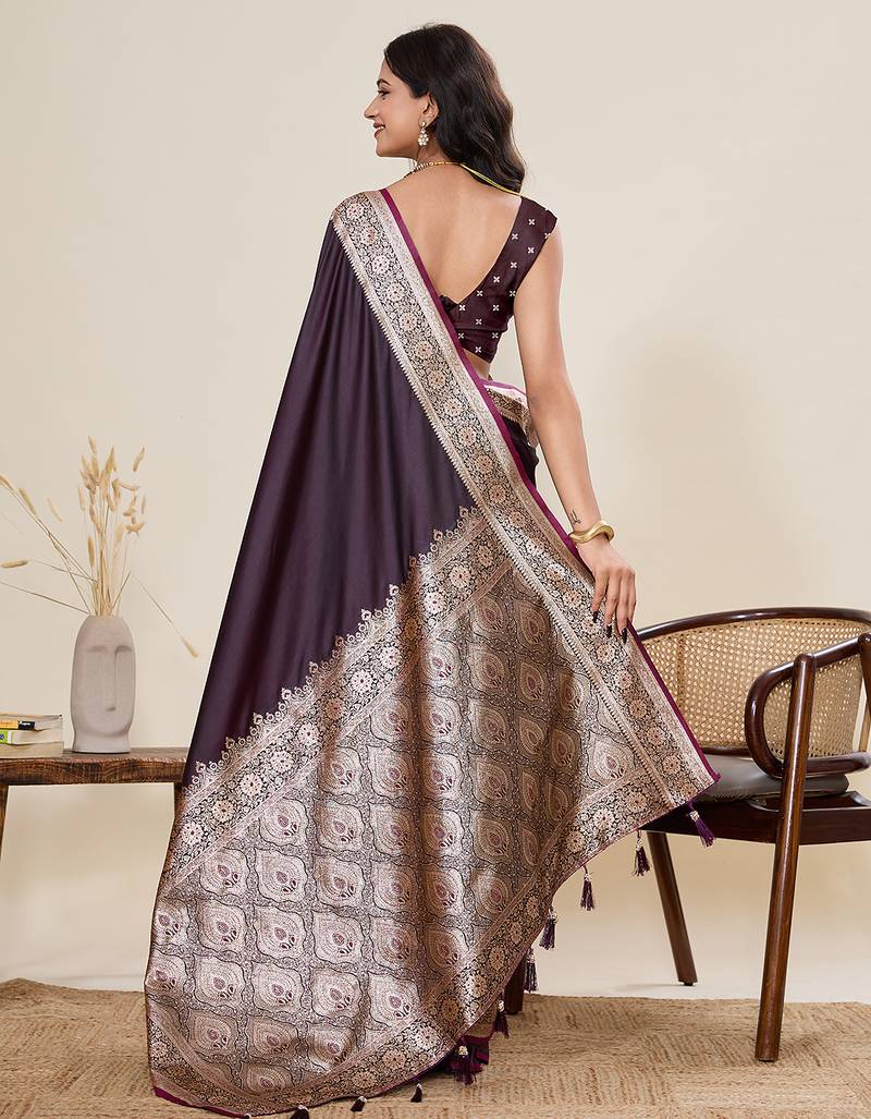 wine satin art silk designer gala border saree with rich minakari & jari weaving + blouse piece