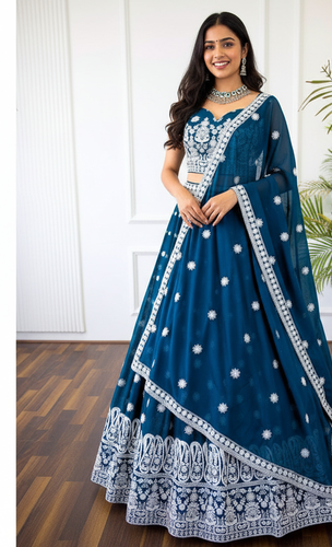 Blue lehenga cholis with white thread work