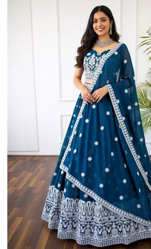 Blue lehenga cholis with white thread work