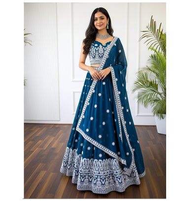 Blue lehenga cholis with white thread work 3