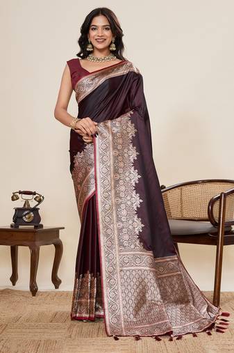maroon satin art silk gala morder ethnic saree jari minakari weaving with mlouse