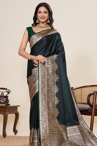 bottle green satin art silk gala gorder ethnic saree jari minakari weaving with glouse