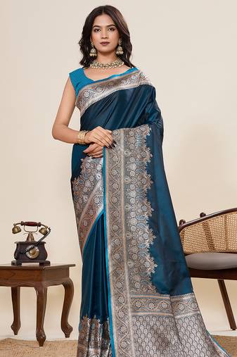 peacock blue satin art silk gala border ethnic saree jari minakari weaving with blouse