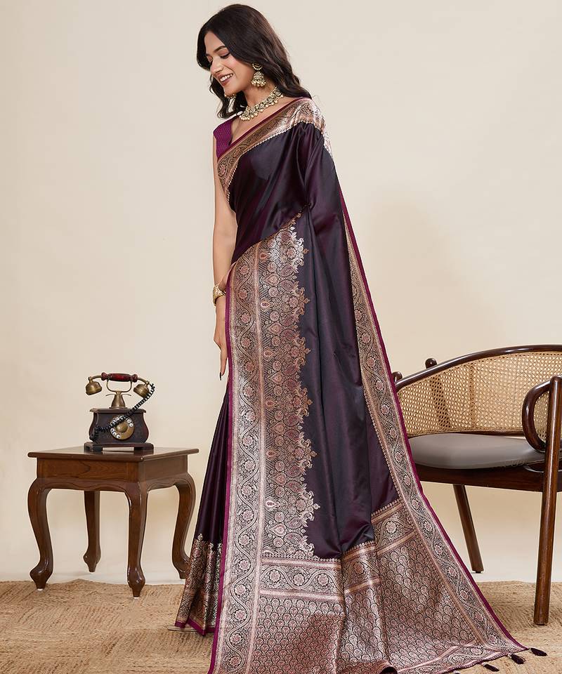 wine satin art silk gala worder ethnic saree jari minakari weaving with wlouse