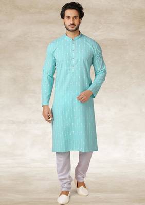 sea blue printed cotton fabric straight kurta churidar for men 1