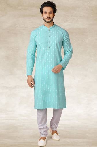 Sea blue printed cotton fabric straight kurta for men