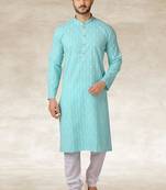 Sea blue printed cotton fabric straight kurta for men