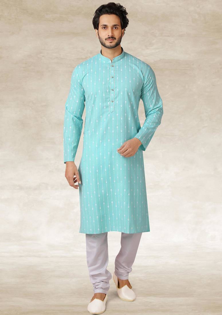 Sea blue printed cotton fabric straight kurta for men