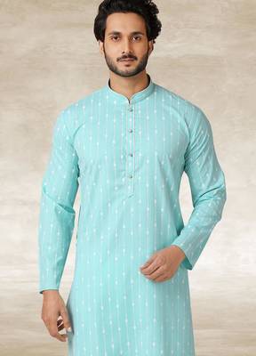 sea blue printed cotton fabric straight kurta churidar for men 2