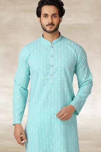 sea blue printed cotton fabric straight kurta churidar for men
