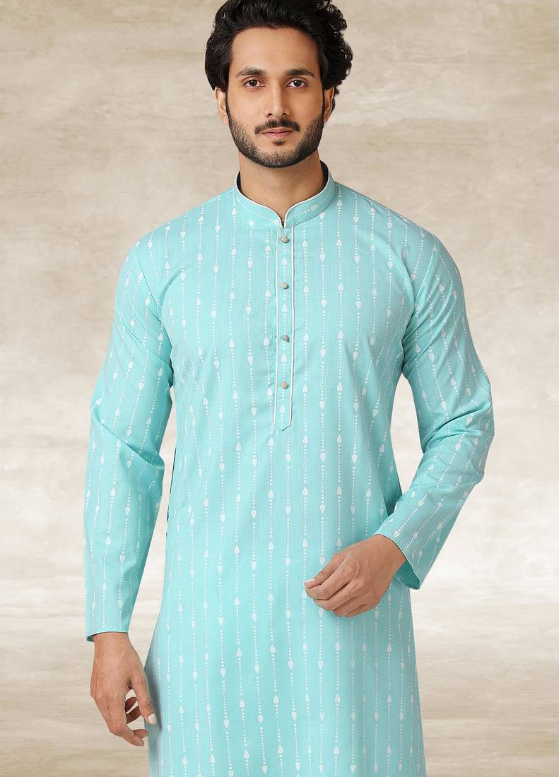 Sea blue printed cotton fabric straight kurta for men