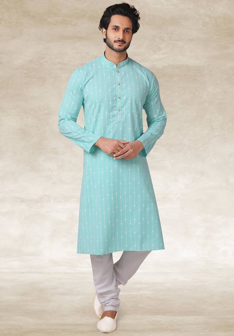 Sea blue printed cotton fabric straight kurta for men