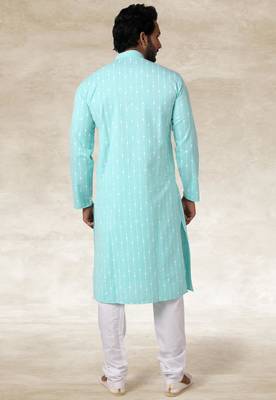 sea blue printed cotton fabric straight kurta churidar for men 4