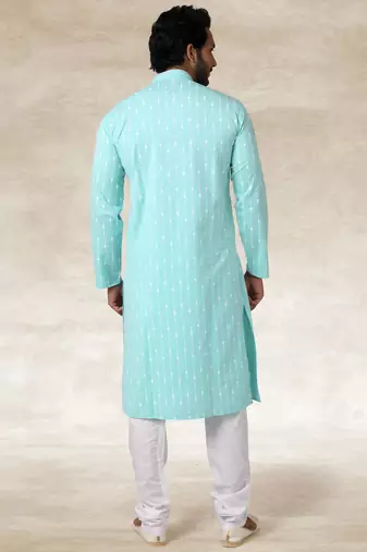 sea blue printed cotton fabric straight kurta churidar for men