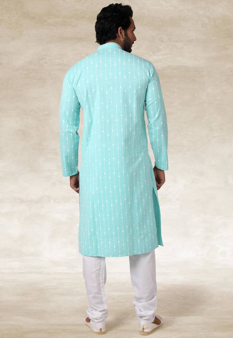 Sea blue printed cotton fabric straight kurta for men