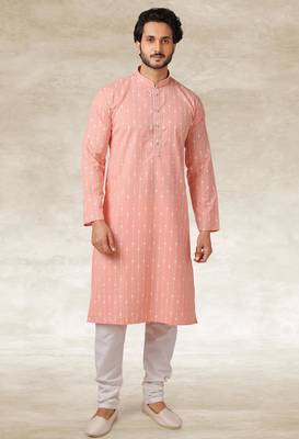 pink printed cotton fabric straight kurta churidar for men 1