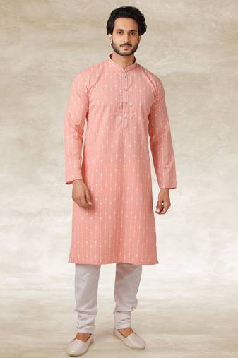 Pink printed cotton fabric straight kurta for men