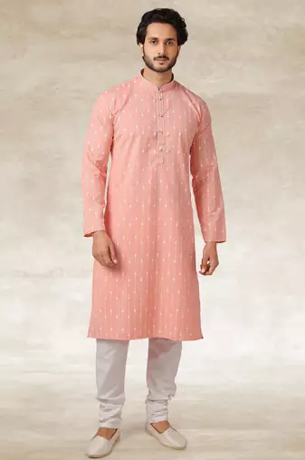 Pink printed cotton fabric straight kurta for men