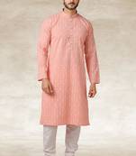 pink printed cotton fabric straight kurta churidar for men