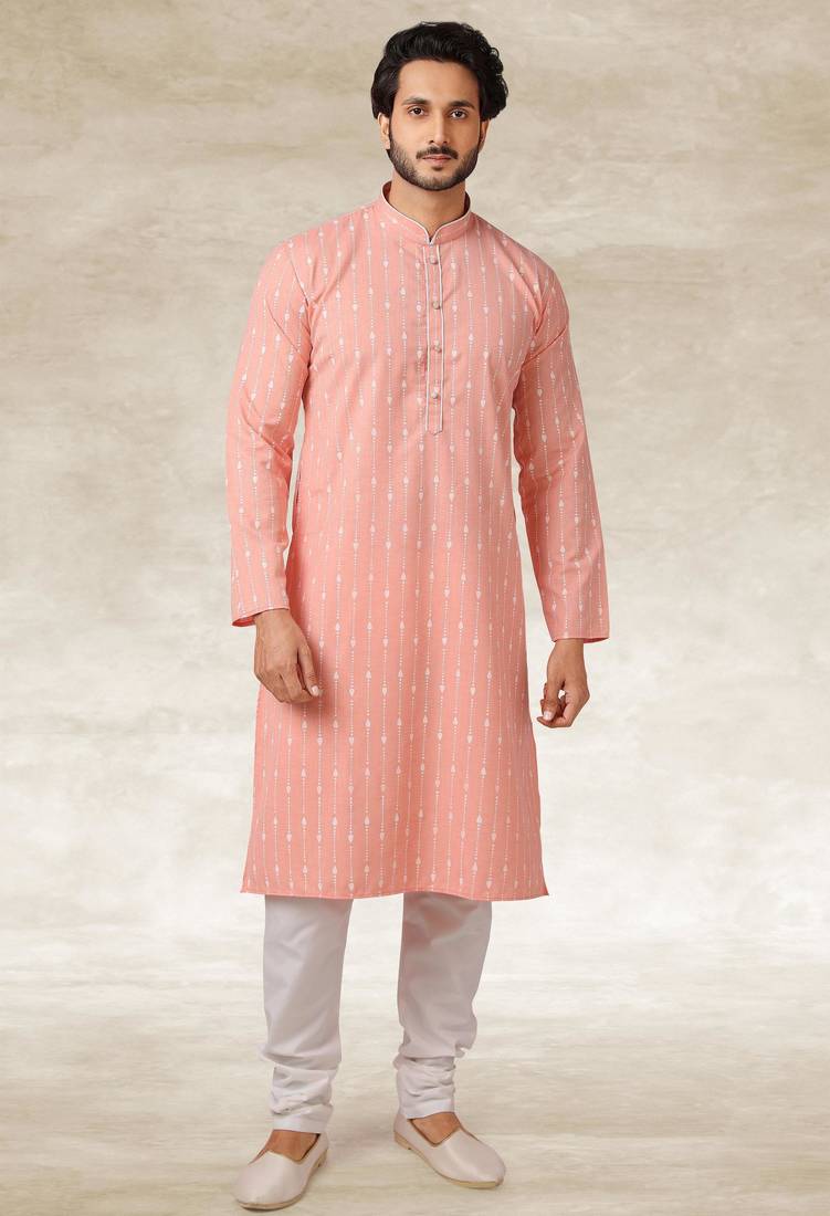 Pink printed cotton fabric straight kurta for men