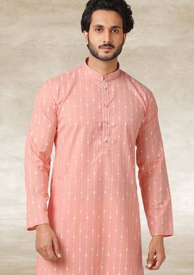 pink printed cotton fabric straight kurta churidar for men 2