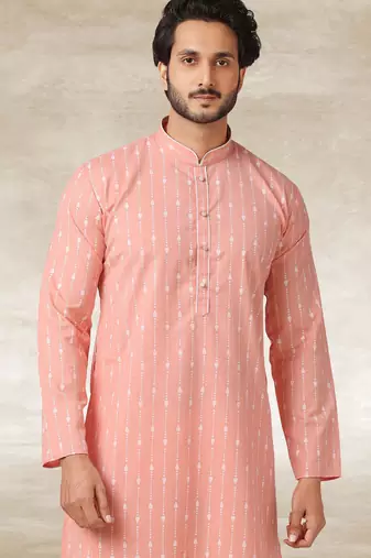 pink printed cotton fabric straight kurta churidar for men