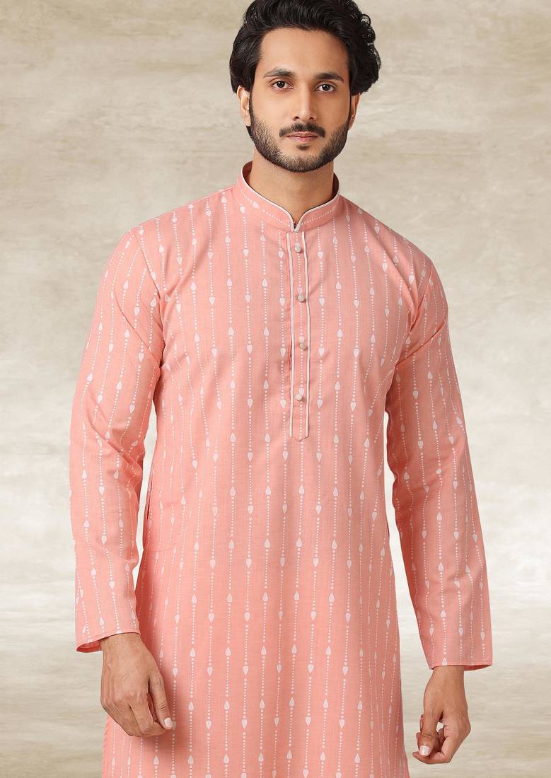 Pink printed cotton fabric straight kurta for men