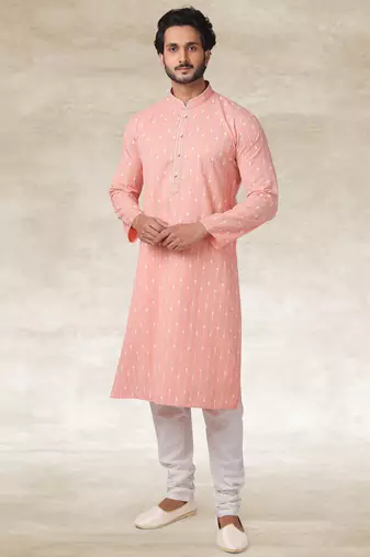 pink printed cotton fabric straight kurta churidar for men