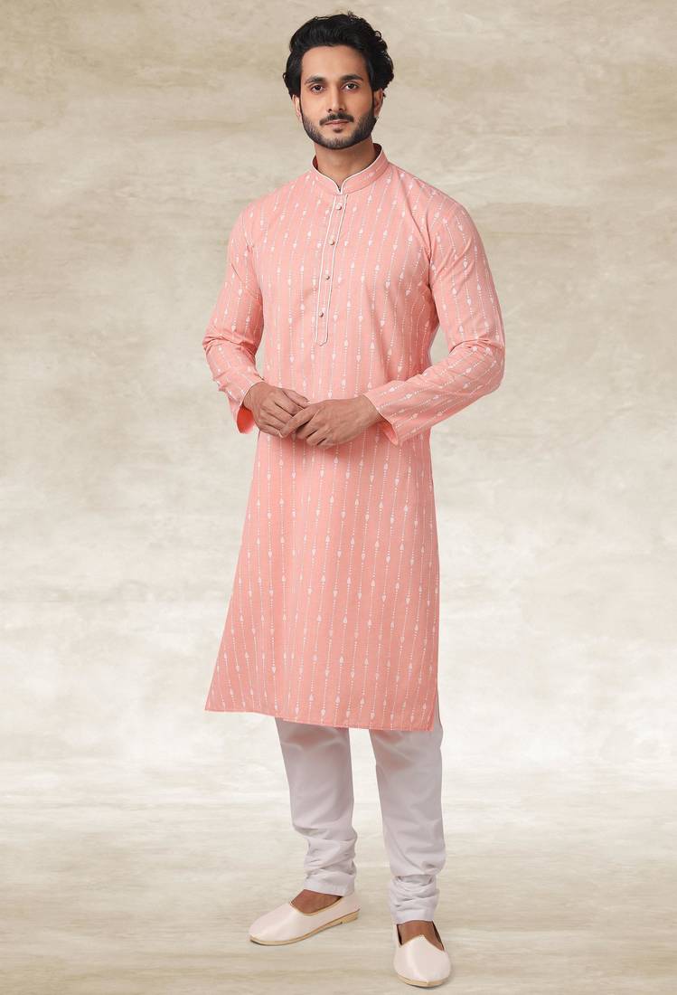 Pink printed cotton fabric straight kurta for men