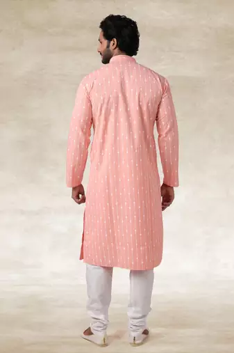 pink printed cotton fabric straight kurta churidar for men