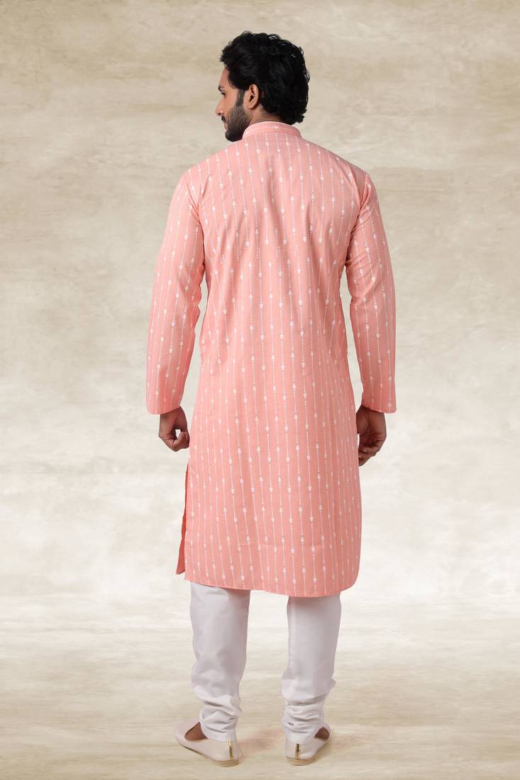 Pink printed cotton fabric straight kurta for men