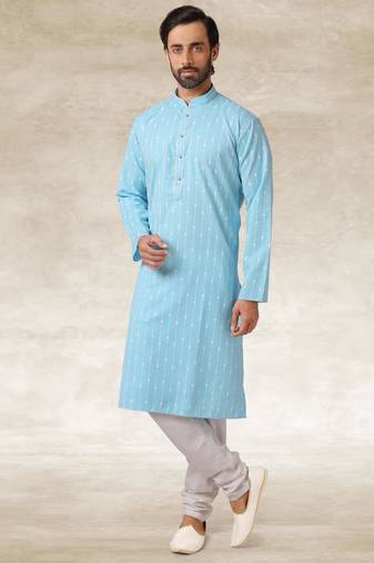 Sky blue printed cotton fabric straight kurta for men