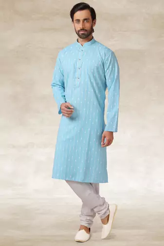 Sky blue printed cotton fabric straight kurta for men
