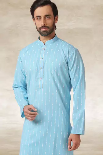 sky blue printed cotton fabric straight kurta churidar for men