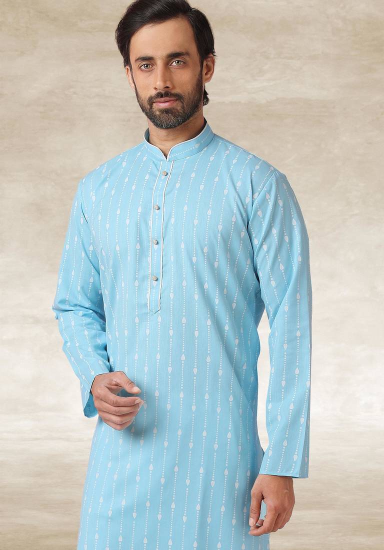 Sky blue printed cotton fabric straight kurta for men
