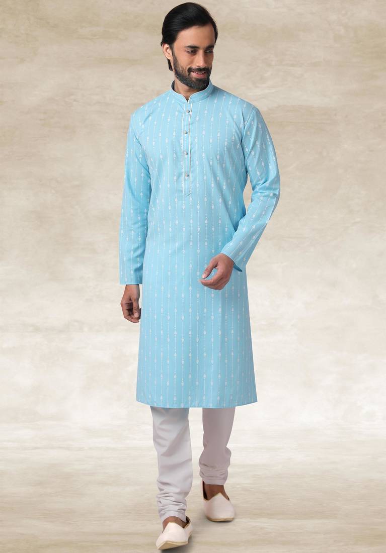 Sky blue printed cotton fabric straight kurta for men