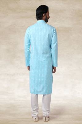 sky blue printed cotton fabric straight kurta churidar for men 4