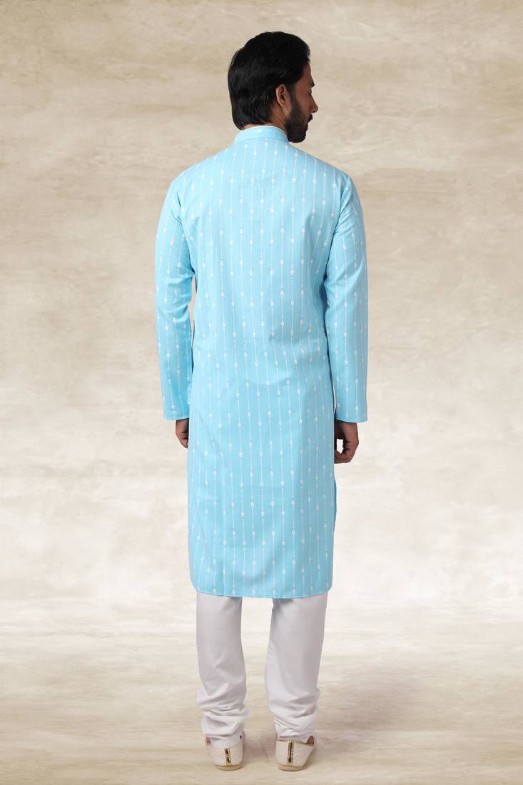 Sky blue printed cotton fabric straight kurta for men