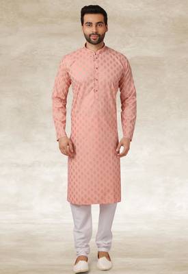 peach printed cotton fabric straight kurta churidar for men 1