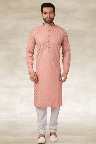 Peach printed cotton fabric straight kurta for men