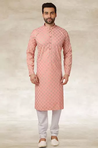 Peach printed cotton fabric straight kurta for men