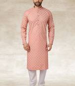 peach printed cotton fabric straight kurta churidar for men