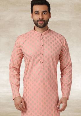 peach printed cotton fabric straight kurta churidar for men 2
