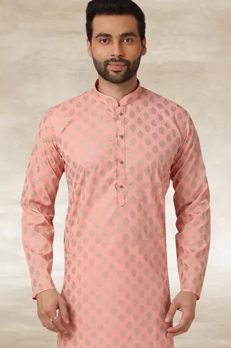 peach printed cotton fabric straight kurta churidar for men