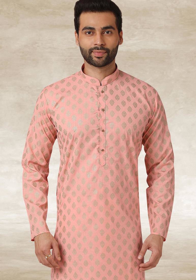 Peach printed cotton fabric straight kurta for men