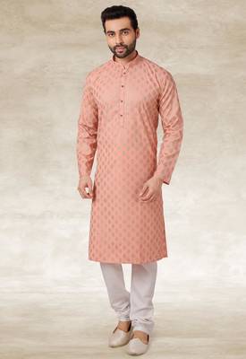 peach printed cotton fabric straight kurta churidar for men 3