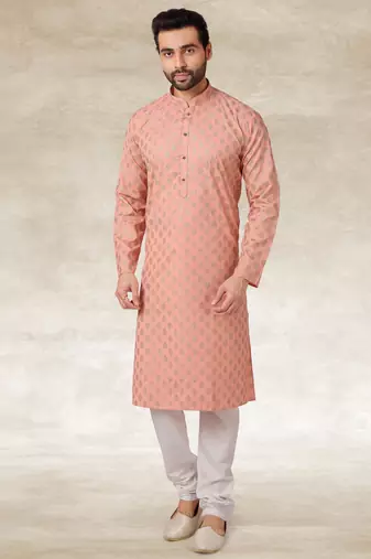 peach printed cotton fabric straight kurta churidar for men